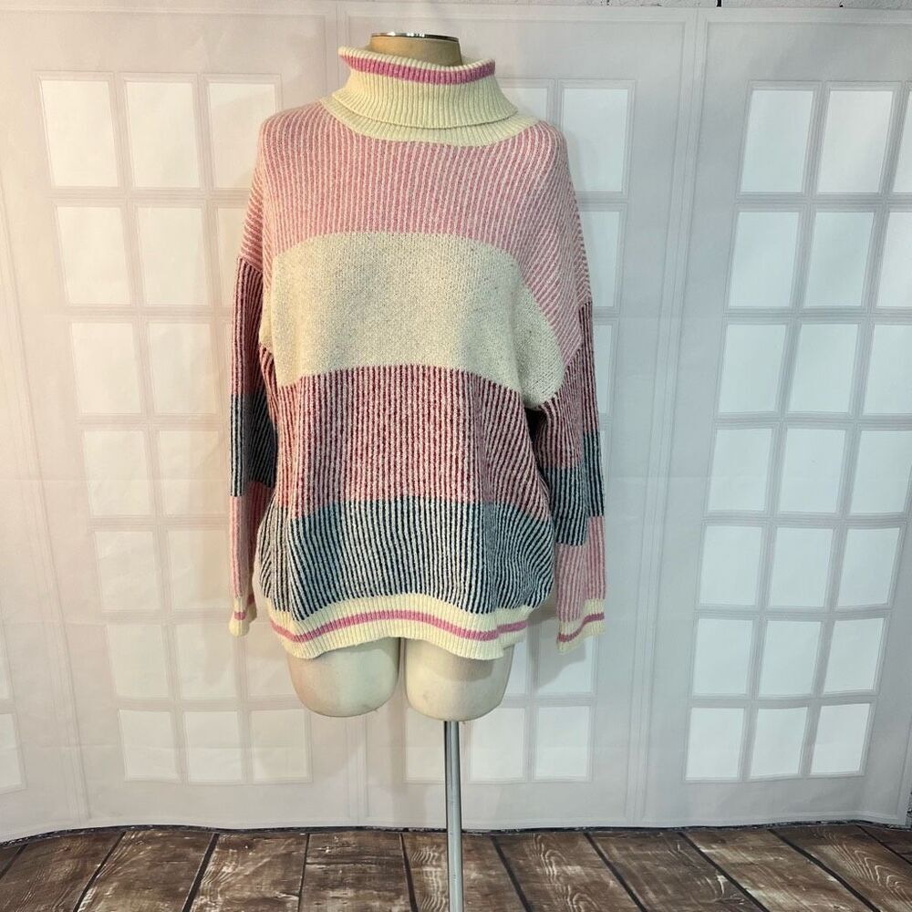 & Merci Pink Cream Knit Colorblock Turtleneck Pullover Sweater Size Large